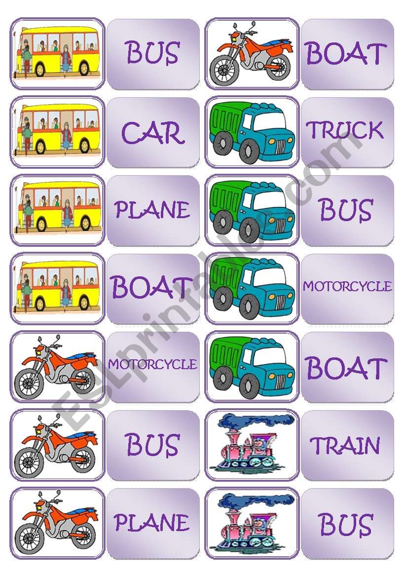 Transports - dominoes [7 words X 28 pieces] ((2 pages)) ***editable